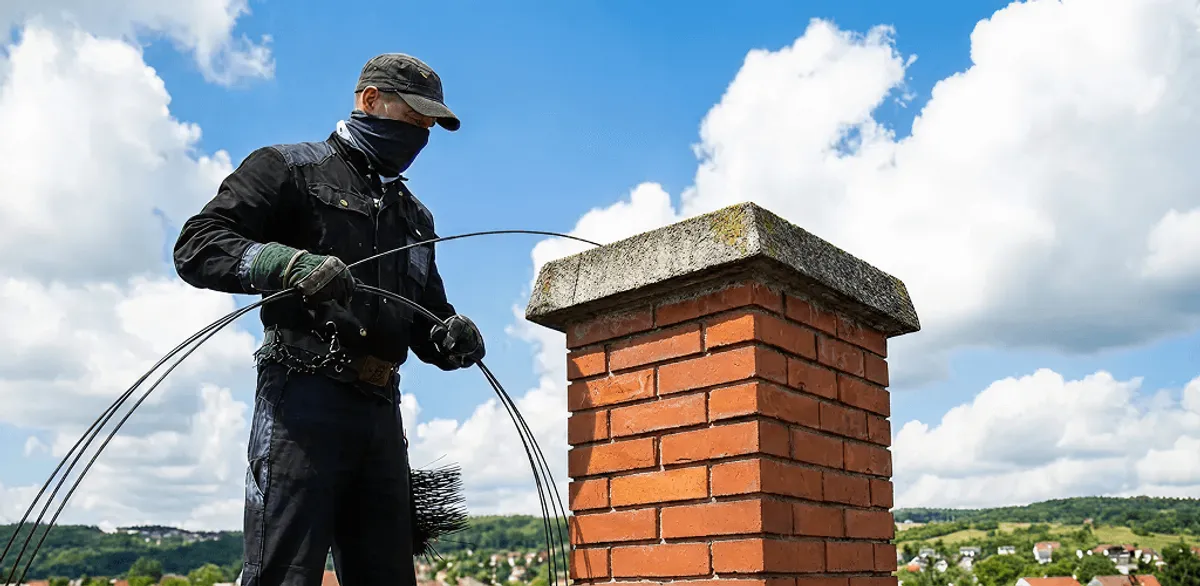 Chimney sweep cleaning a brick chimney with professional tools in Reno, NV